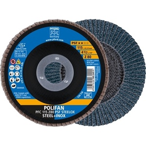 แผ่นขัดทรงกรวย POLIFAN Z PSF STEELOX ขนาด 115 มม. ความหยาบ 80 สำหรับเหล็ก/INOX ซิร์โคเนีย คอรันดัม PFERD-Pack บรรจุ 10 แผ่น - Product Image 1