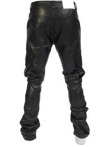 Pantalon de motard personnalisé pour homme, noir, coupe slim, décontracté, extensible, en cuir de vachette et toile, design vintage, nouvelle méthode de tricotage - Product Image 3