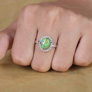 Plata de Ley 925, banda Simple, cobre verde Natural, turquesa, ajuste de bisel con cuentas, forma ovalada sólida, anillo de uso diario para fiestas - Product Image 1