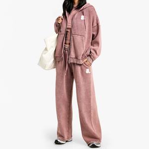 Vente en gros Vintage Acid Wash 2 en 1 Heavyweight Winter Sweat à capuche zippé pour femme 100% coton - Product Image 3