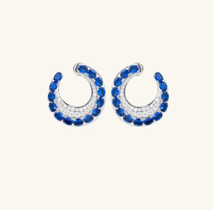 Boucles d'oreilles créoles de luxe en saphir bleu pour femme, plaquées or blanc, avec pierre précieuse ovale et pavé de diamants, bijoux de mariage - Product Image 1