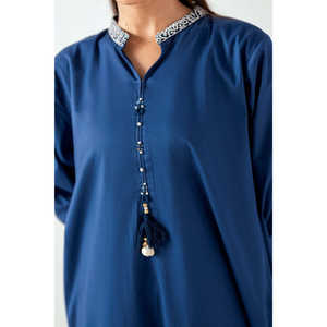 ชุดเซ็ตผ้าเครปสีน้ำเงินกรมท่า แต่งลายริ้วและปักลาย สำหรับฤดูใบไม้ผลิ/ฤดูร้อน สวมใส่สบาย - Product Image 2