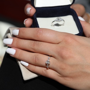 8x6mm Oval Cut Moissanite Engagement Ring with Vertical Accent <b>Stones</b> | Unique Dainty Bridal Jewelry - Product Image 5