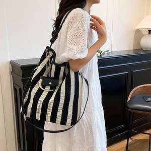 New Vintage Fashionable <b>Black</b> and White Striped PU Women's Bag Versatile for Commuting <b>Large</b> Capacity <b>Handbag</b> Crossbody Bag - Product Image 1