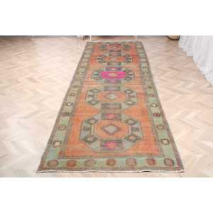 Turkish Vintage <b>Runner</b> <b>Rug</b> 4x12.8 ft (122x390 cm), Orange Bordered <b>Rug</b> - Product Image 2