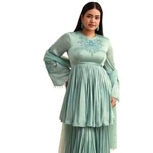 Conjunto de Kurta Sharara bordado azul polvo con Dupatta para fiesta boda recepción festiva ocasión étnica india - Product Image 3