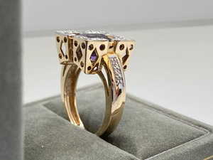 Bague lourde en or jaune massif 14k avec damier taillé violet améthyste Vintage Antique Style rétro bijoux en argent - Product Image 4