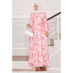 Robe florale rose avec col à nouer sur le côté, taille élastique, en viscose respirante, style décontracté et élégant, tailles XS-XL, idéale pour les occasions de remise de diplôme et autres occasions de jour. - Product Image 4
