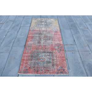 พรมลายดอกไม้สไตล์ตุรกี ขนาด 2.9x6.4 ฟุต สีแดงน้ำเงิน วินเทจ ทำจากขนสัตว์ - Product Image 1