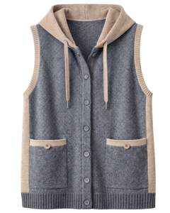 Manufacturer Blue <b>Hooded</b> Knitted Sweater Vest Wool Acrylic Sleeveless Button Front Winter <b>Cardigan</b> With Contrast Trim OEM ODM - Product Image 1