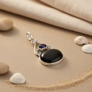 Pendentif en argent 925 avec onyx, rhodié, or 14 carats, pierre précieuse, cadeau pour femme, avec agate, cristal, diamant, perle, coquille, main chrétienne - Product Image 2