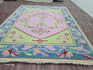 Antique Handknitted Cotton Oushak Rug 8x10 Low Pile <b>Foam</b> Backed PET Friendly Pink Green High Quality Traditional Living Bathroom - Product Image 5