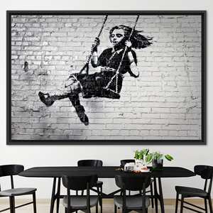 Printed Canvas Wall Art: Banksy Girl On <b>Swing</b> Street Decor Poster,1P:Black <b>Framed</b> - Product Image 1