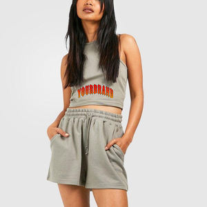 Survêtement personnalisé 100% coton pour femmes ensemble 2 pièces haut court et short surdimensionné avec logo imprimé bouffant streetwear pour femmes - Product Image 6