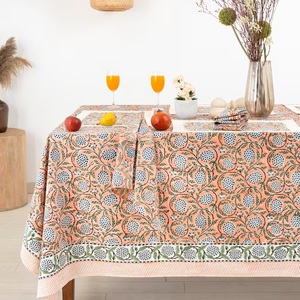 Handmade Salmon Pink Pomegranate Pattern Floral Cotton Tablecover Block Printed <b>Rectangle</b> <b>Tablecloth</b> Indian Style for Home Decor - Product Image 1