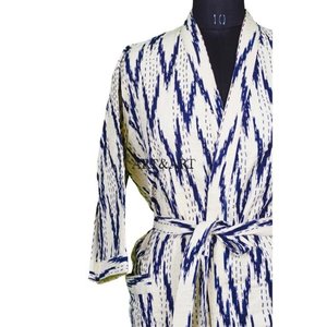 New Arrival Indian Handmade Kantha Hand-Stitch Cotton Kimono Elegant Summer Night Wear Robe for Women Floral Design Hot Selling - Product Image 4
