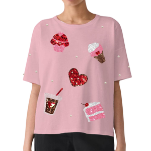 2024 Trending Valentine's Day Cute and Lovely Loose Boxy Fit <b>T</b>-<b>shirts</b> 100% Cotton <b>Sequined</b> O-Neck Short Sleeves Women Tees - Product Image 4