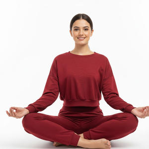 Ensemble de survêtement en molleton uni pour femmes, 100% coton, manches longues, pantalon, décontracté, pour tous les jours et à la maison - Product Image 6