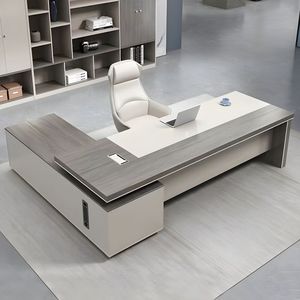Bureau de direction moderne en forme de L, en bois durable, personnalisable, grand bureau d'angle gris pour cadre - Product Image 5
