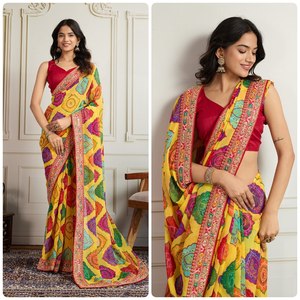 Saree pour mariage en tissu Georgette doux de qualité supérieure avec imprimé bandhni et bordure en dentelle multi-broderie - Product Image 1