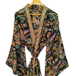 Bata de seda hasta el tobillo Bata multicolor Ropa de noche Bata India Vintage Seda reciclada Sari Kimono, - Product Image 1