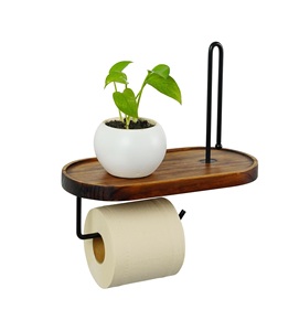 Soporte de papel higiénico-con estante, soporte de papel higiénico de madera marrón Montaje en pared Rollo de papel higiénico de metal negro - Product Image 1