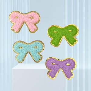 Parche de Tela Chenille Bordado a Mano con Forma de Lazo, Colorido, Aplique de Felpa con Adhesivo para Ropa y Sombreros - Product Image 1