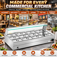 Bain-marie commercial 12 bacs 1800W 220V, chauffe-plats électrique en acier inoxydable, table vapeur double rangée pour buffet avec couvercle en verre