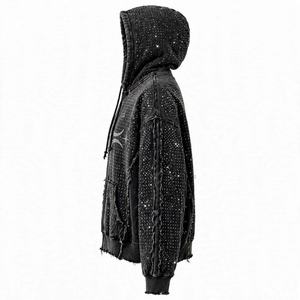 <b>Men's</b> Black Rhinestone <b>Hooded</b> <b>Denim</b> <b>Jacket</b> Oversized Hip Hop Style Regular Sleeve Glitter Print Autumn Wear - Product Image 3
