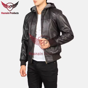 Chaqueta de cuero bombardero genuino de cordero negro de moda de calidad superior para hombre con capucha desmontable Chaqueta de cuero bombardero elegante para hombre - Product Image 6