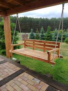 Farmhouse style <b>wooden</b> <b>swing</b> for porch with classic <b>wooden</b> slats hanging chain and weather resistant natural coating - Product Image 3