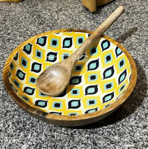 Ensaladera de madera de mango hecha a mano de 10x3 pulgadas con cuchara y tenedor ecológicos Resina exterior pulida personalizable hecha a mano en la India - Product Image 3