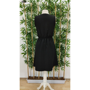 Robe courte en lin pour femme, col en V, détail boutonné sur le devant, taille élastique, 38223 - Noir - Product Image 5