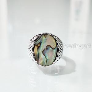 แหวนเงินแท้ 925 สำหรับผู้ชาย ประดับเปลือกหอยมุกอะบาโลนธรรมชาติ พร้อมพลอยประจำเดือนเกิด ทุกขนาด ของขวัญวันครบรอบแบบอาหรับ - Product Image 3