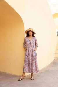 Vestido Mirai Estampado a Mano, Estilo Bohemio, Floral, Marrón Claro, Azul, Rosa, Largo hasta la Pantorrilla, Informal, Ocasional, Hecho a Mano, Moda Ética - Product Image 4