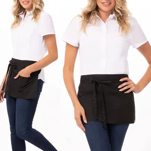 New 2023-24 Waist Apron Black Polyester Aprons with Embroidery Half Waist Waitress Oversleeve 3 Pockets Waterproof for Cleaning