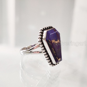 Bague pour femme en argent sterling 925 avec pierre précieuse turquoise naturelle de forme cercueil, couleur cuivre violet, pierre de naissance de décembre, cadeau pour fête et anniversaire - Product Image 1