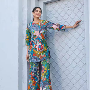 Conjunto Palazzo de algodón 100% hecho a mano indio, pijama con estampado Floral, conjunto de ropa de salón, traje de noche cómodo para damas de honor, tallas - Product Image 1