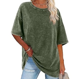 T-shirts surdimensionnés délavés au soleil de haute qualité pour dames de grande taille col rond pierre acide lavé demi manches décontracté 220 grammes de long - Product Image 1