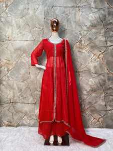 Ensemble 3 pièces en velours brodé avec sequins, haut, palazzo et dupatta, rouge, pour tous les jours, écologique, 100% polyester - Product Image 3