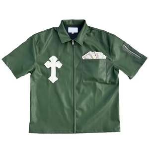 Chemises en cuir pour hommes Streetwear Design Chemises en cuir à manches courtes pour hommes Hip Hop Zip up Streetwear T-shirts à épaules tombantes - Product Image 4