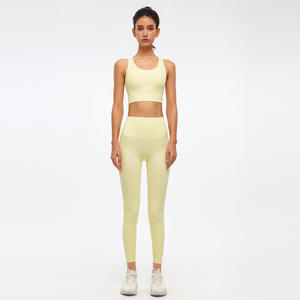 Color sólido de alta calidad Spandex/poliéster para mujer Yoga 2 piezas chándal XL de talla grande sin costuras transpirable gimnasio Fitness Leggings - Product Image 3