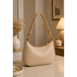 Sac à main beige pour femme, bandoulière simple, détails métalliques, rivets décoratifs, fermeture éclair et bouton, pour printemps-été, en PU, polyester et coton - Product Image 1