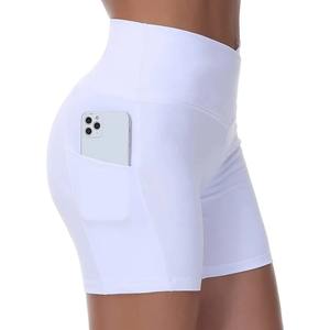 Custom <b>Women</b> <b>Yoga</b> <b>Shorts</b> White High Waist Pocket Stretch Fitness Biker <b>Shorts</b> Gym Activewear - Product Image 3