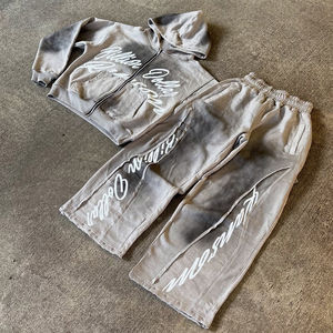 Ropa de calle personalizada para niños, sudadera holgada con capucha y pantalones apilados, chándales de lavado ácido para niños, chándales acampanados recortados estampados DTG - Product Image 3