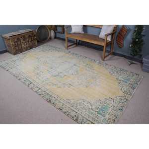 5.5x9.8 ft Rug, Vintage Turkish Rug, <b>Yellow</b> Blue Oriental Rug - Product Image 1