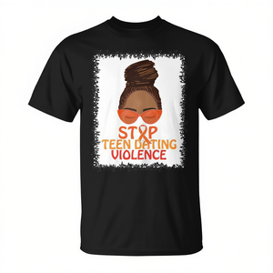 T-shirt noir unisexe à col rond et manches courtes avec impression numérique pour la sensibilisation à la violence des adolescents dans les relations amoureuses, idéal pour les événements de marche et de course pour adolescents - Product Image 2