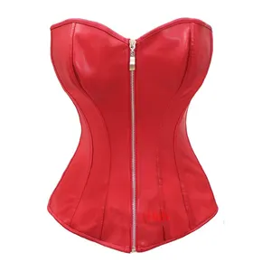 Korset kulit PU wanita, Steampunk, kulit PU merah melengkung, korset Crop Top seksi, pinggang ketat