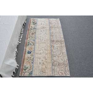 Alfombra de lana turca Vintage de 2x4,5 pies, diseño de retazos beige y marrón, técnica de tejido plano para decoraciones de sala de estar, 4m de ancho - Product Image 1