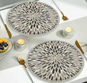 Juego de manteles individuales para mesa, alfombrilla de vidrio de pizarra de secado con patrón ovalado, alfombrilla y almohadillas de comedor elegantes hechas a mano, redondas con cuentas de oro plateado de 14 pulgadas - Product Image 2